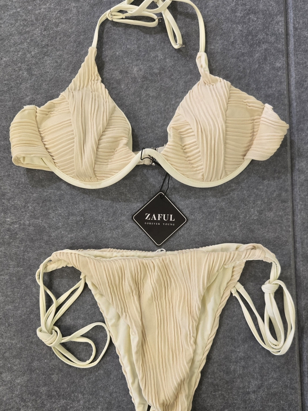 Zaful Cream Textured Ruched Tie-Side Bikini Set - NEW